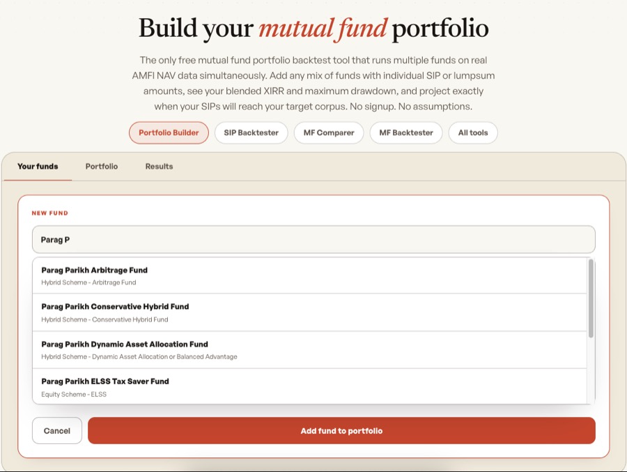 Mutual Fund Portfolio Builder — Step 1: Type a fund name and pick from live autocomplete suggestions